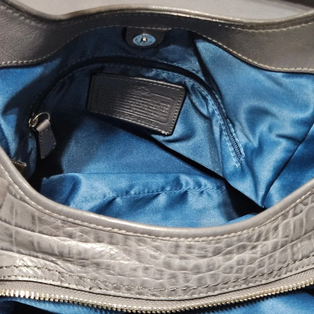 Coach Chelsea Jayden Gray Croc‎ Embossed Leather Hobo Bag 18761 Blue Lining